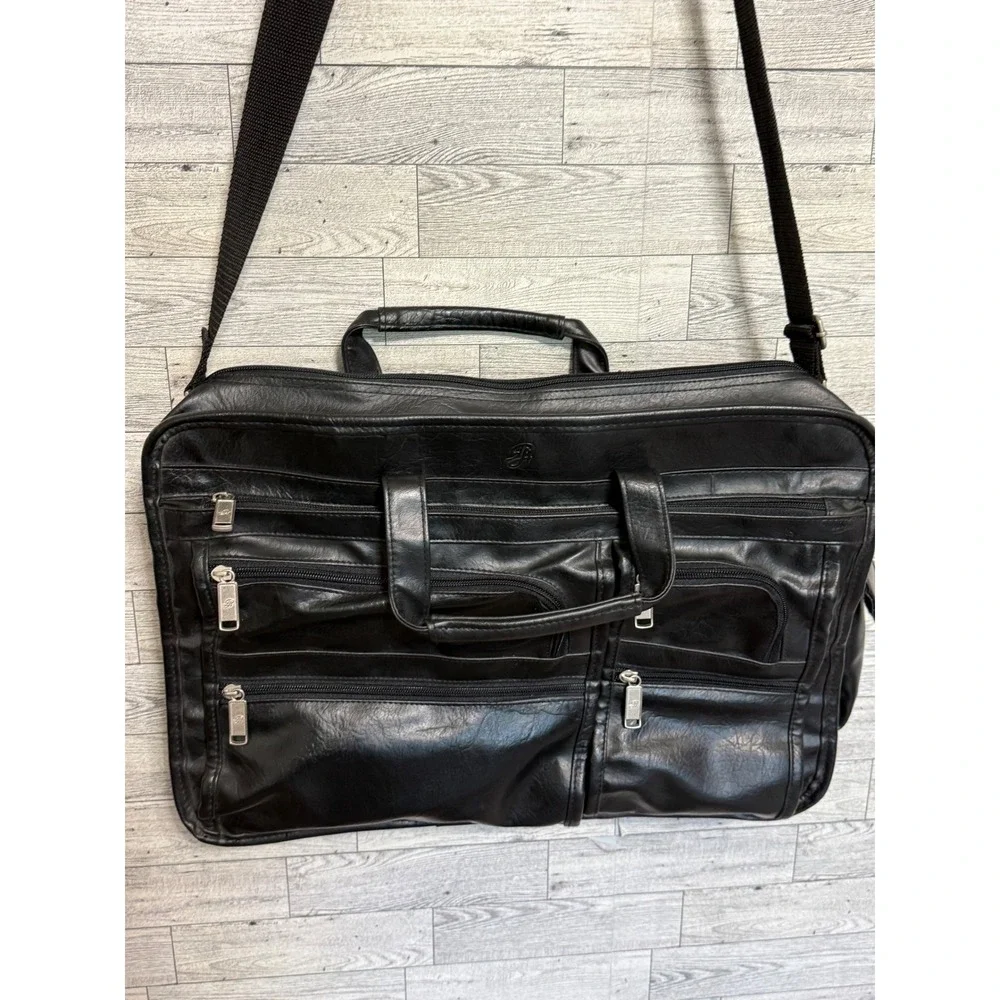 Philippe Amiel‎ Black Leather Multi-Pocket Travel Bag Briefcase Adjustable Strap
